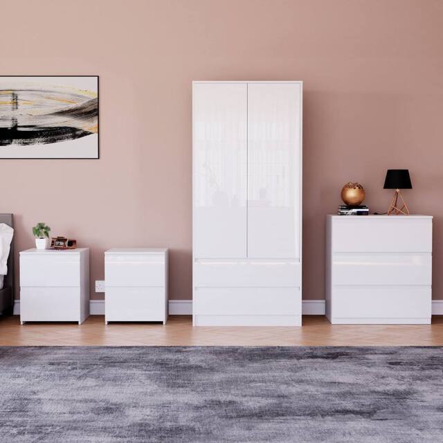 HD Designs Vida Designs Glinton 4 Piece Bedroom Set (2 Drawer Bedside Chest x2 in White - image 1