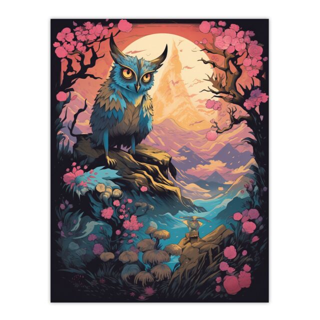 Artery8 Wall Art Print Owl Yokai Concept Art Painting Mythical Folklore Creature Standing Before Warrior in a Cherry Blossom Forest Landscape at - image 1