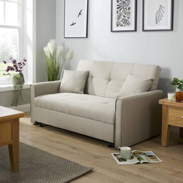 Home Source Linen Upholstered Two Seater Pull-Out Double Sofa Bed 153 cm in Light Beige - image 1