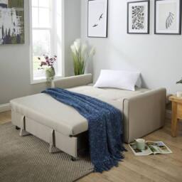 Home Source Linen Upholstered Two Seater Pull-Out Double Sofa Bed 153 cm in Light Beige - thumbnail 4