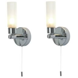 First Choice Lighting Set of 2 Polished Chrome IP44 Bathroom Pull Cord Wall Lights in Silver