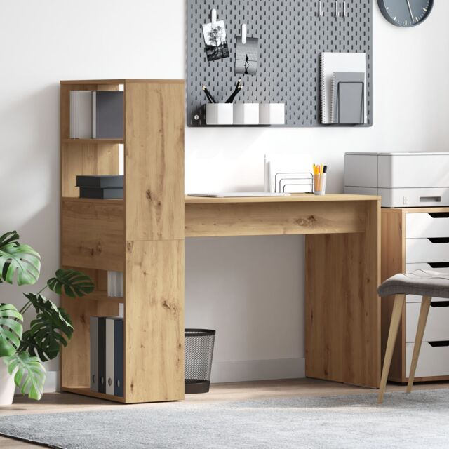 Berkfield Home Desk with Storage Artisan Oak 113x54x120 cm Engineered Wood - Size: 113 x 54 x 120 cm - image 1