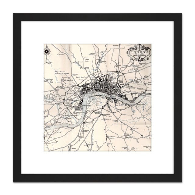 Artery8 Map Crown 1930 London City England 1660 Plan Chart 8X8 Inch Square Wooden Framed Wall Art Print Picture with Mount in Black - image 1