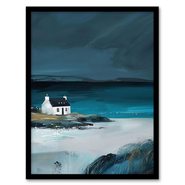 "Artery8 Scottish Cottage on Coast Timeless Oil Painting Framed Art Print in Blue - Size: W12"" x H16""" - image 1