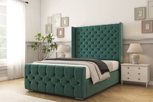 "Comfort Beds Monte Carlo Plush Bed Frame - 50"" Upholstered Wingback Headboard in Emerald - Size: Double" - image 1