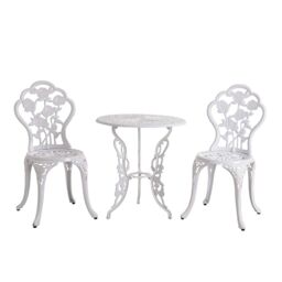 Home Source Bistro Set Outdoor Patio Garden Round Table & 2 Chairs Metal Frame in White - thumbnail 6