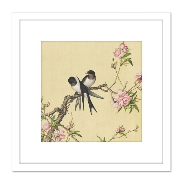 Artery8 Castiglione Peach Blossom Birds Painting 8X8 Inch Square Wooden Framed Wall Art Print Picture with Mount in White - image 1