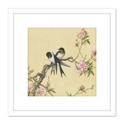 Artery8 Castiglione Peach Blossom Birds Painting 8X8 Inch Square Wooden Framed Wall Art Print Picture with Mount in White - thumbnail 1