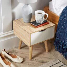 Home Source Bedside Cabinet Oak White 1 Drawer Bedroom Side Table Wooden Legs - thumbnail 4