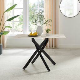 FurnitureboxUK Leonardo 4-Seater Dining Table With Marble Effect Glass Top & Black Metal Legs in White