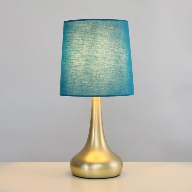 ValueLights Teardrop Pair Fabric Shades Brushed Gold Touch Table Lamps with Bulbs in Bright Blue - image 1