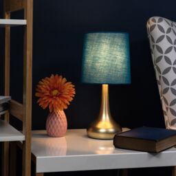 ValueLights Teardrop Pair Fabric Shades Brushed Gold Touch Table Lamps with Bulbs in Bright Blue - thumbnail 3