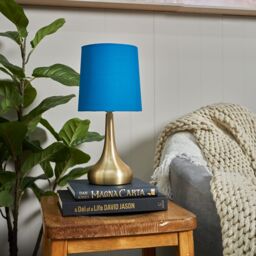 ValueLights Teardrop Pair Fabric Shades Brushed Gold Touch Table Lamps with Bulbs in Bright Blue - thumbnail 5