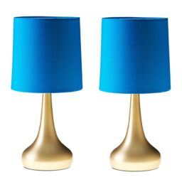 ValueLights Teardrop Pair Fabric Shades Brushed Gold Touch Table Lamps with Bulbs in Bright Blue - thumbnail 2