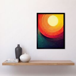 "Artery8 Wall Art Print Abstract Sunrise Sunset Sunshine Retro Style Yellow Orange Cream Teal Art Framed in Black - Size: W12"" x H16""" - thumbnail 2
