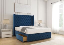 "BSSPOKE Ruby Divan Bed Plush Velvet 54""Headboard 2Drawers Footend No Mattress in Blue - Size: Small Double"