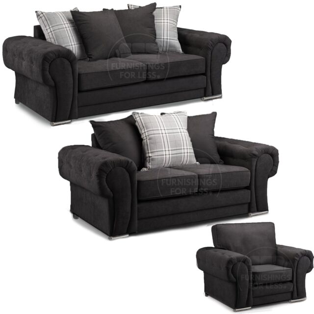 Furnishings For Less UK Milan Fabric 3 Piece Sofa Suite Black Scatter Back Chesterfield Style - image 1