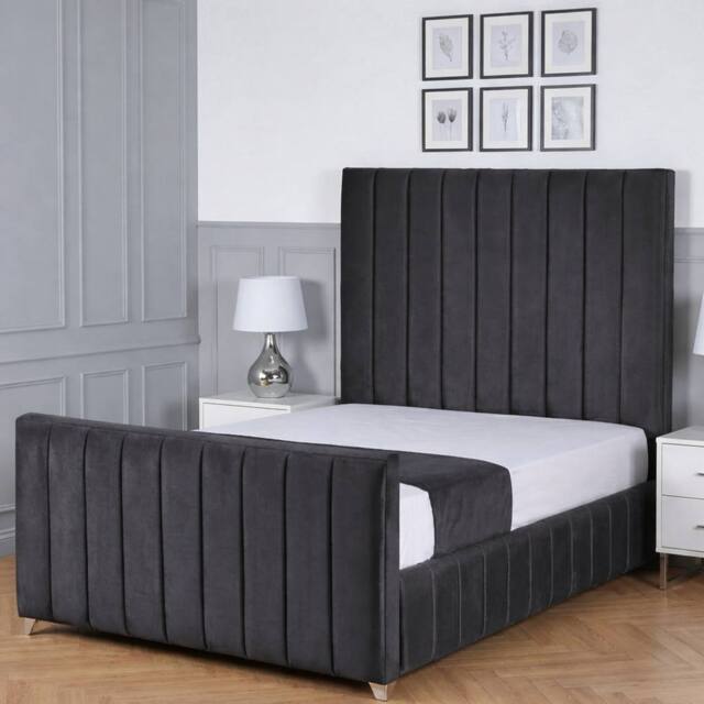 Living Comfort Bedz Zenith Plush Velvet Upholstered Bed Slatted Base with 48Inch Headboard in Charcoal - Size: Small Double - image 1