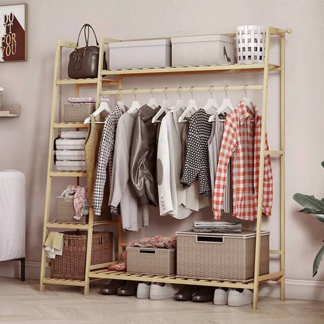 EONLION Wooden Bamboo Single Rod Clothes Rail in Light Oak - Size: 500mm - image 1