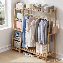 EONLION Wooden Bamboo Single Rod Clothes Rail in Light Oak - Size: 500mm - thumbnail 3