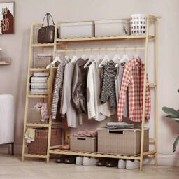 EONLION Wooden Bamboo Single Rod Clothes Rail in Light Oak - Size: 500mm