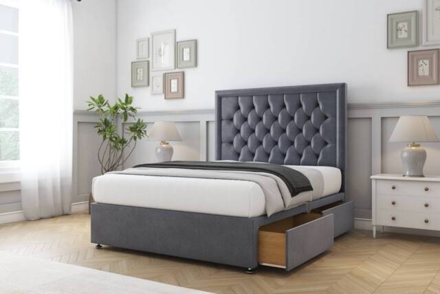 "Comfort Beds Rio Plush Divan Base 2 Drawers - 54"" Headboard in Dark Grey - Size: Small Double" - image 1