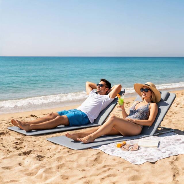 OUTSUNNY 2 Pieces Outdoor Beach Mat Steel Reclining Chair Set w/ Pillow in Grey - image 1