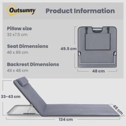 OUTSUNNY 2 Pieces Outdoor Beach Mat Steel Reclining Chair Set w/ Pillow in Grey - thumbnail 3