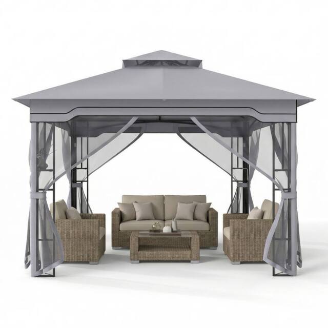 Costway 3.3 x 3.3 M Double Roof Soft Top Patio Gazebo w/ Zippered Mesh Netting in Grey - image 1