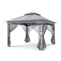 Costway 3.3 x 3.3 M Double Roof Soft Top Patio Gazebo w/ Zippered Mesh Netting in Grey - thumbnail 8