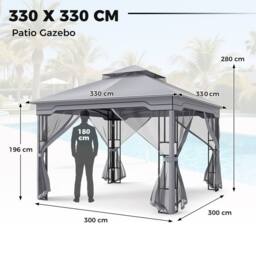 Costway 3.3 x 3.3 M Double Roof Soft Top Patio Gazebo w/ Zippered Mesh Netting in Grey - thumbnail 3