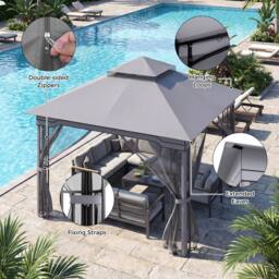 Costway 3.3 x 3.3 M Double Roof Soft Top Patio Gazebo w/ Zippered Mesh Netting in Grey - thumbnail 4