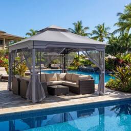 Costway 3.3 x 3.3 M Double Roof Soft Top Patio Gazebo w/ Zippered Mesh Netting in Grey - thumbnail 6