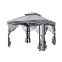 Costway 3.3 x 3.3 M Double Roof Soft Top Patio Gazebo w/ Zippered Mesh Netting in Grey - thumbnail 7