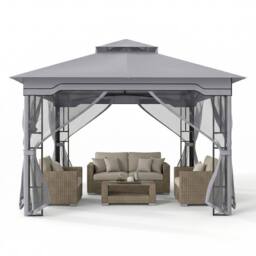 Costway 3.3 x 3.3 M Double Roof Soft Top Patio Gazebo w/ Zippered Mesh Netting in Grey - thumbnail 1