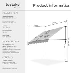 tectake Awning with hand crank - pressure fitted, height adjustable in Light Grey - Size: 300 cm x 180 cm - thumbnail 6