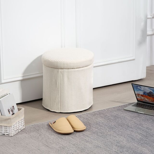 HOMCOM Round Storage Ottoman with Lid, Vanity Stool with Storage in Beige - image 1