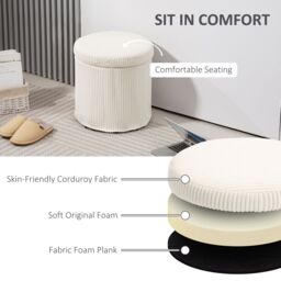 HOMCOM Round Storage Ottoman with Lid, Vanity Stool with Storage in Beige - thumbnail 6