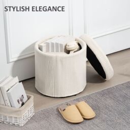 HOMCOM Round Storage Ottoman with Lid, Vanity Stool with Storage in Beige - thumbnail 4