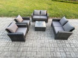 Fimous Rattan Garden Furniture Set 6 Seater Patio Outdoor Lounge Sofa Set with Square Coffee Table Double Seat Sofa Dark Grey - thumbnail 1