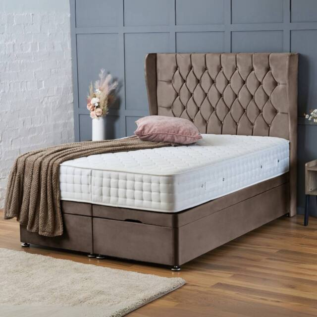 "BSSPOKE Amelia Ottoman Divan Bed Plush Velvet 54"" Headboard & No Mattress in Taupe - Size: Super King" - image 1