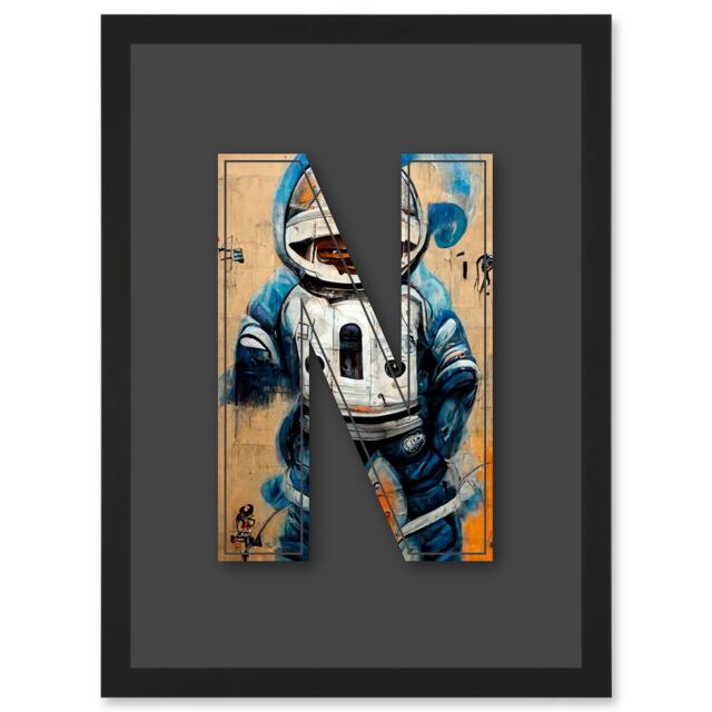 Artery8 Letter N Space Man Decorative Graffiti Mural Alphabet Initial Stencil Artwork Framed Wall Art Print A4 in Black - image 1