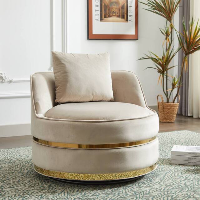 Matteo 360° Swivel Barrel Accent Chair - Plush Velvet with Gold Trim in Off-White - image 1