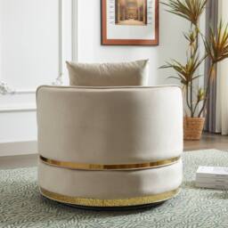 Matteo 360° Swivel Barrel Accent Chair - Plush Velvet with Gold Trim in Off-White - thumbnail 3