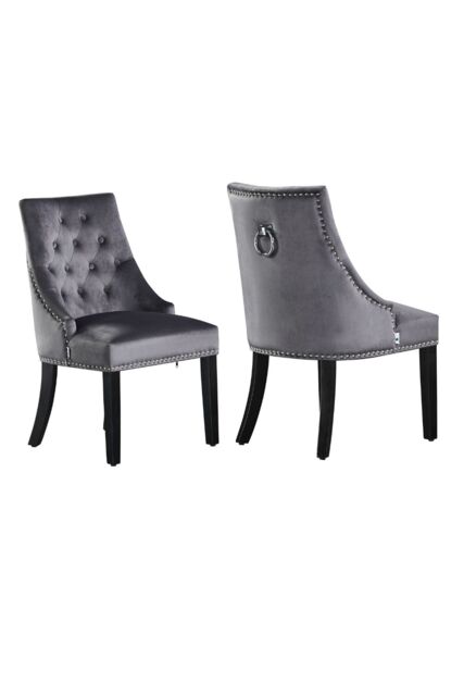 Life Interiors Set of 2 'Windsor' Knocker Back Velvet Dining Chairs Solid Wood Legs in Dark Grey - image 1