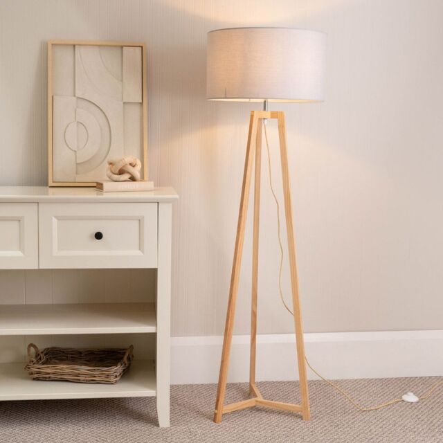 ValueLights Lottie Natural Wood Tripod Floor Lamp with Fabric Drum Shade & LED Bulb in Grey - image 1