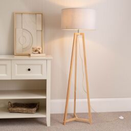 ValueLights Lottie Natural Wood Tripod Floor Lamp with Fabric Drum Shade & LED Bulb in Grey - thumbnail 1
