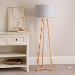 ValueLights Lottie Natural Wood Tripod Floor Lamp with Fabric Drum Shade & LED Bulb in Grey - thumbnail 3