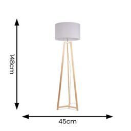 ValueLights Lottie Natural Wood Tripod Floor Lamp with Fabric Drum Shade & LED Bulb in Grey - thumbnail 4