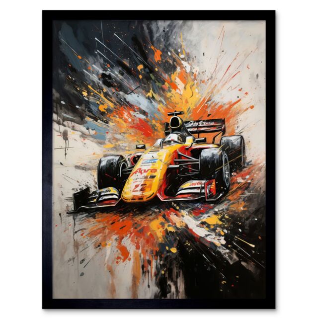 "Artery8 Wall Art Print Yellow Race Car Racing Scene Modern Spatter Art Framed in Black - Size: W12"" x H16""" - image 1